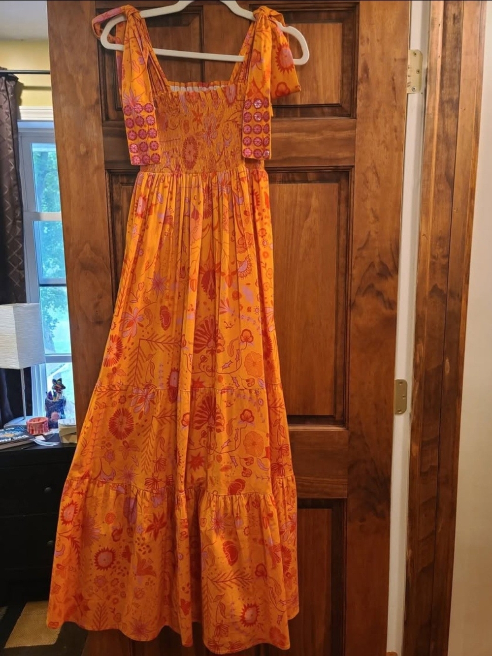 Sheridan French Orange Pink Printed Smocked Tiered Maxi Dress Size L